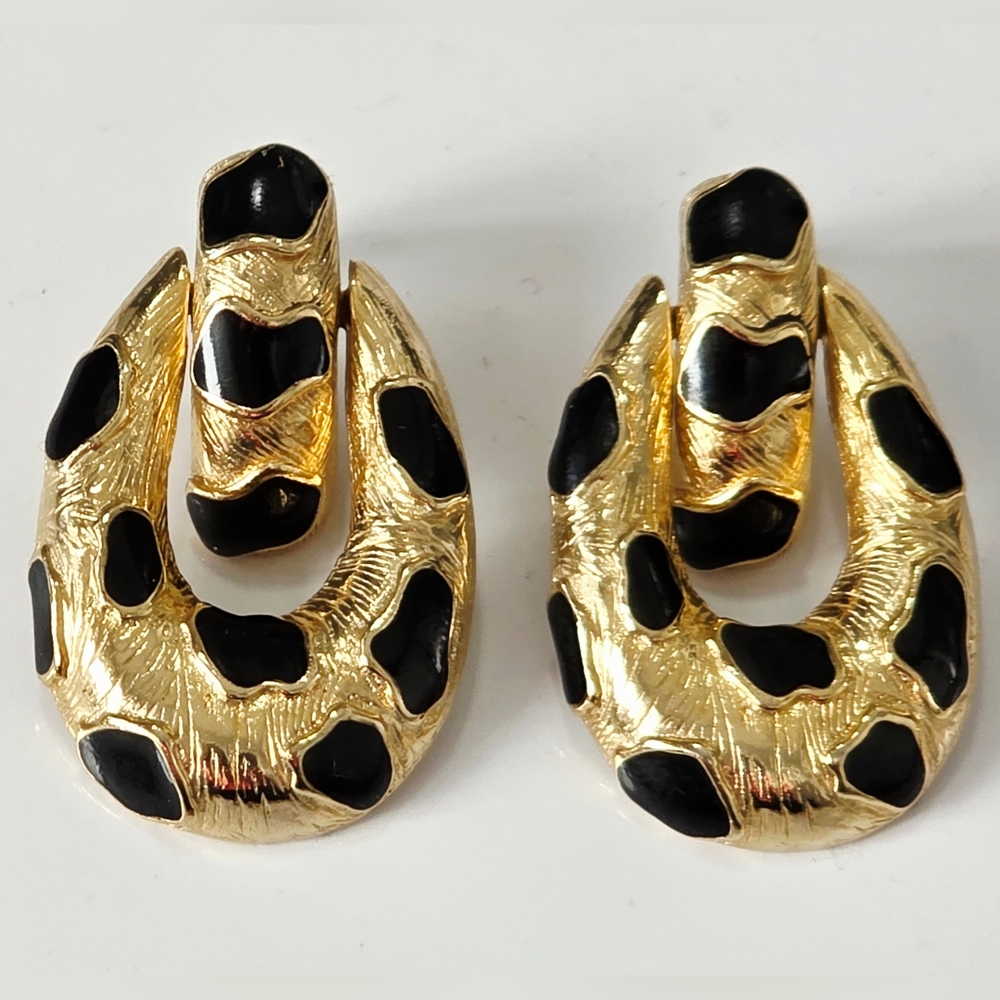 Vintage Sarah Coventry Animal Print Gold And Black Pierced Earrings